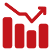 Red bar graph with upward arrow.