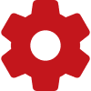 Red gear icon on black background.
