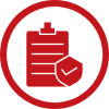 A red clipboard icon with a checkmark inside a circle.